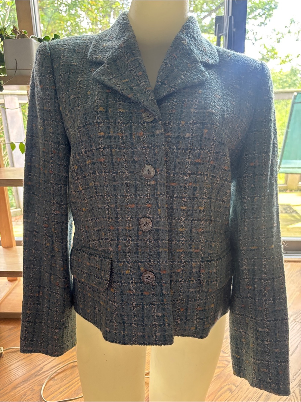 Laura Ashley Teal Tweed Blazer with Multicolor Flecks size 6